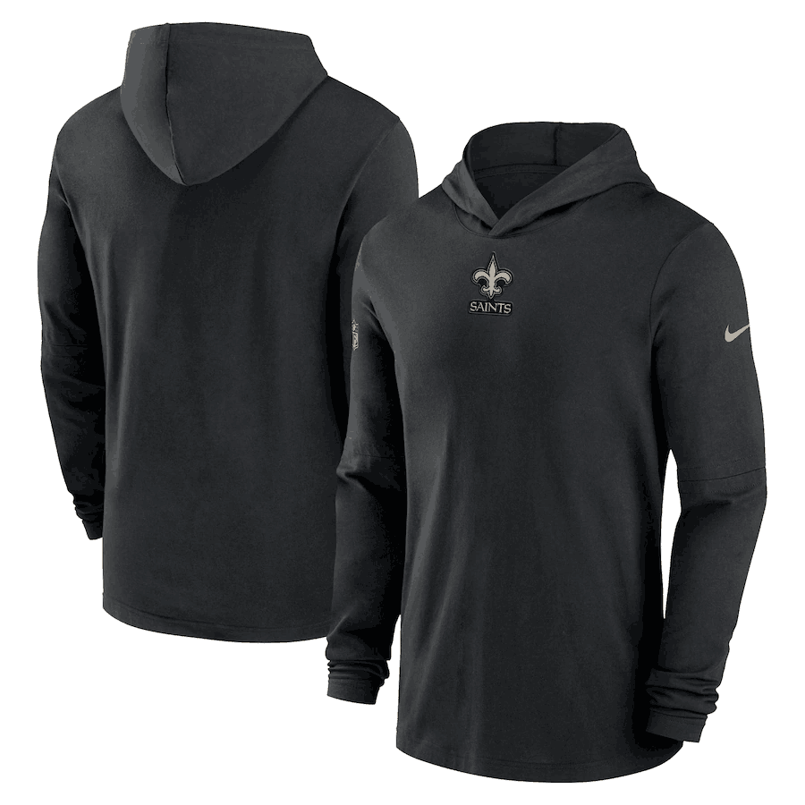 Men's New Orleans Saints Black Sideline Performance Long Sleeve Hoodie T-Shirt Men's New Orleans Saints Black Sideline Performance Long Sleeve Hoodie T-Shirt